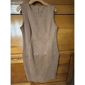 Calvin Klein Quiet Luxury Taupe Faux Suede Sleeveless Sheath Dress‎ Tan Gold Zip